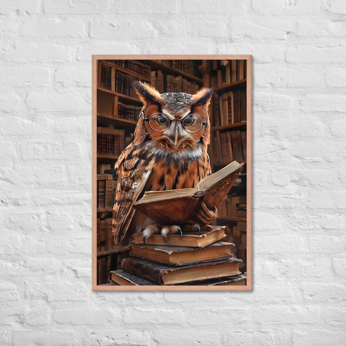 The framed owl art print with a view of the frame and included hanging hardware, emphasizing that it's a ready-to-hang product.