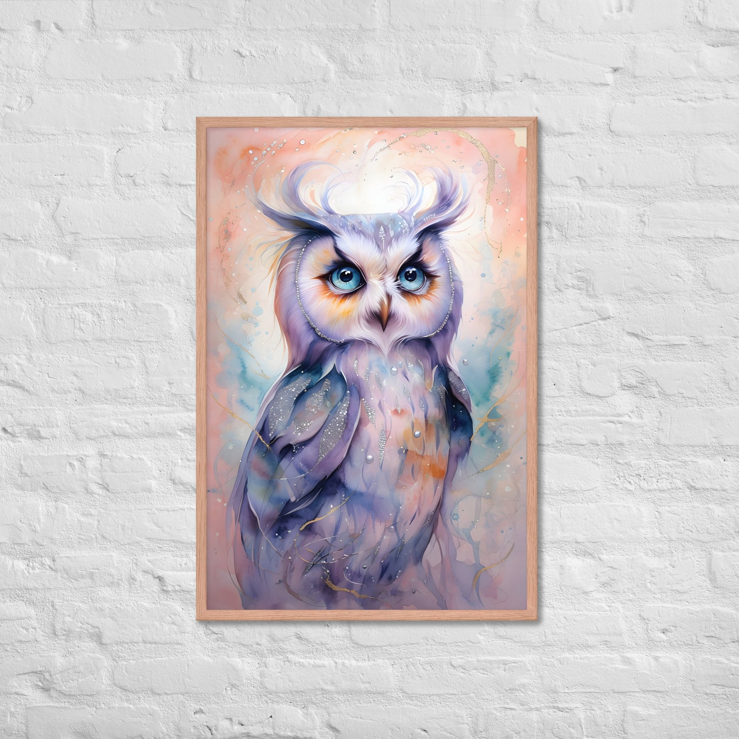The framed pastel owl art print with a view of the frame and included hanging hardware.