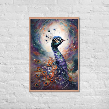 The framed peacock art print with a view of the frame and included hanging hardware, emphasizing that it's a ready-to-hang product.