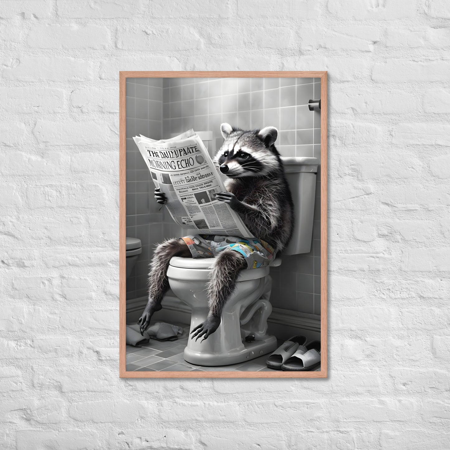 The framed raccoon art print with a view of the frame and included hanging hardware, emphasizing that it's a ready-to-hang product.
