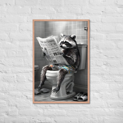 The framed raccoon art print with a view of the frame and included hanging hardware, emphasizing that it's a ready-to-hang product.