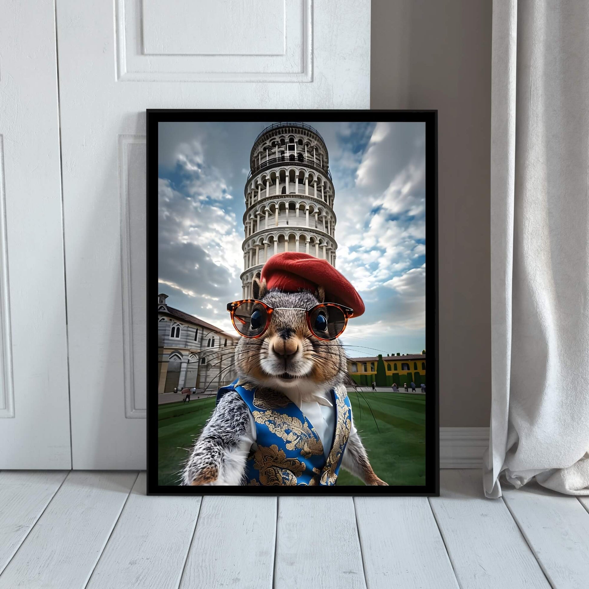 The framed Italian squirrel print with a view of the frame and included hanging hardware, emphasizing that it's a ready-to-hang product.