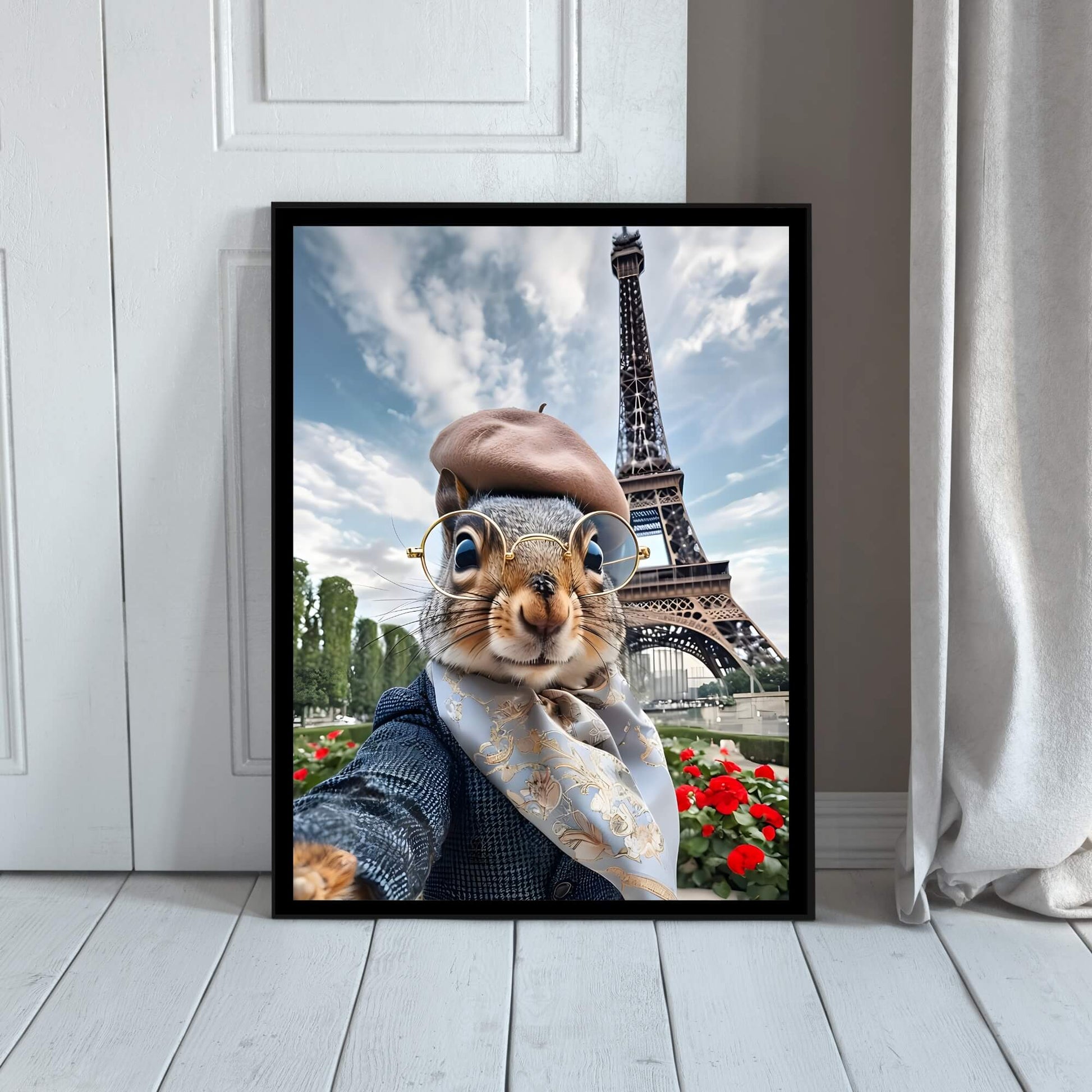 The framed French squirrel print with a view of the frame and included hanging hardware, emphasizing that it's a ready-to-hang product.
