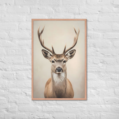The framed stag art print with a view of the frame and included hanging hardware, emphasizing that it's a ready-to-hang product.