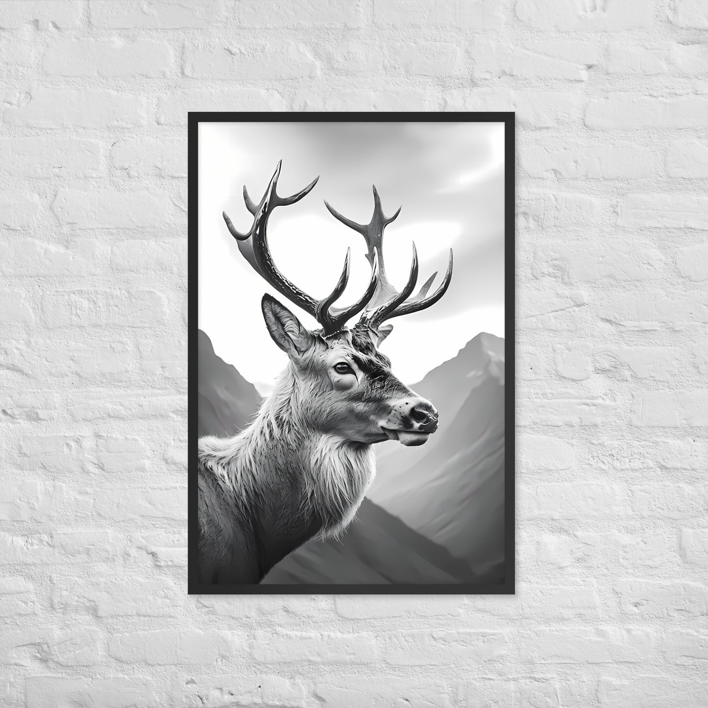 The framed stag art print with a view of the frame and included hanging hardware, emphasizing that it's a ready-to-hang product.