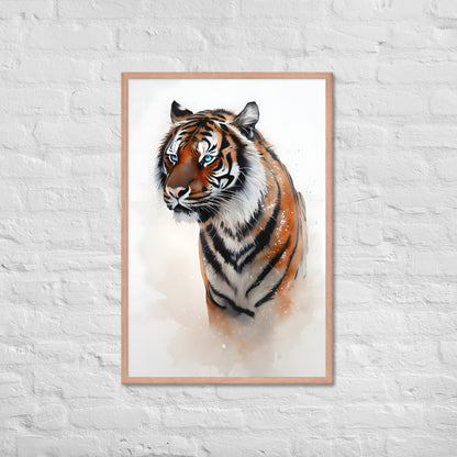 The framed tiger art print with a view of the frame and included hanging hardware, emphasizing that it's a ready-to-hang product.