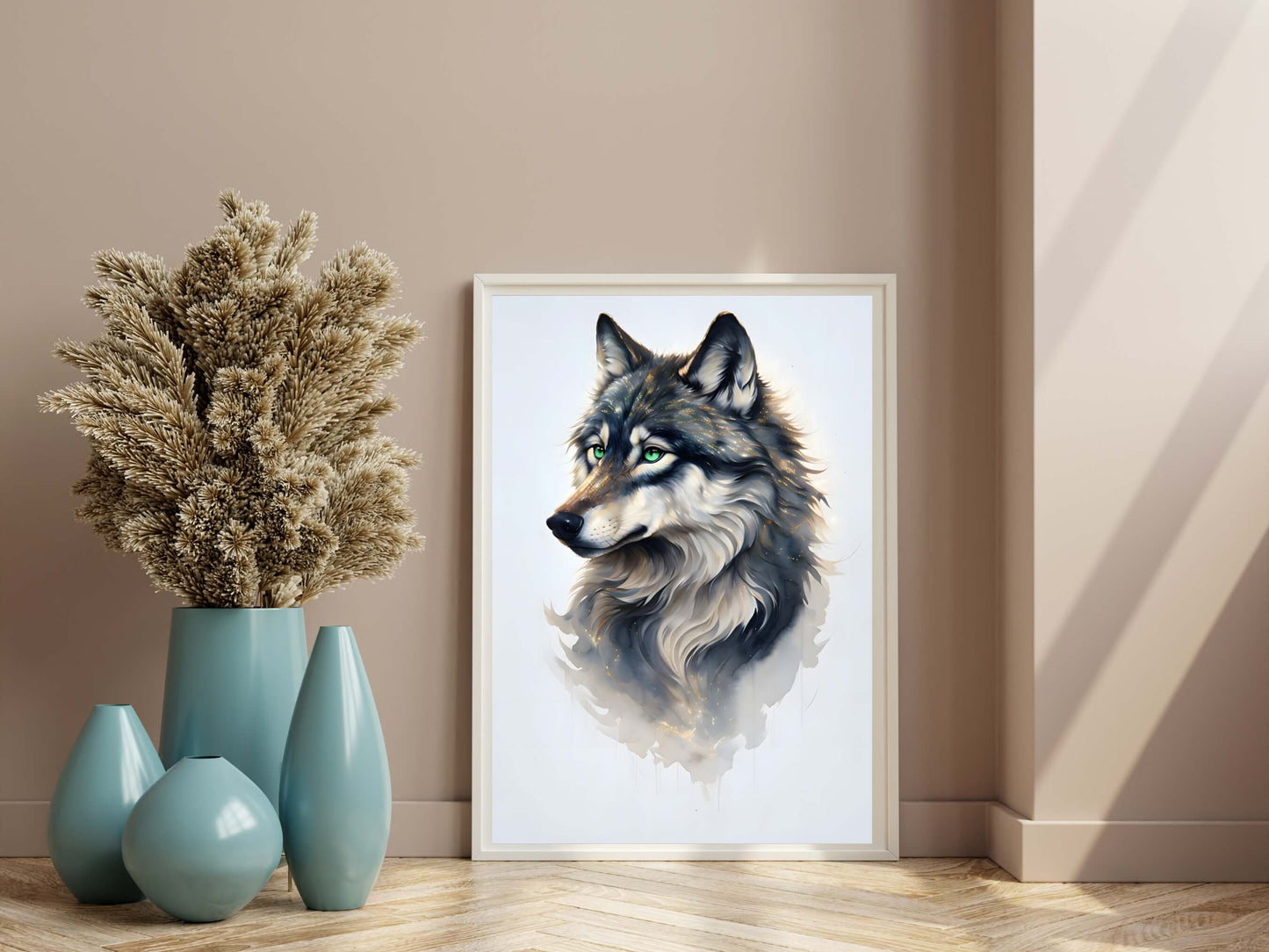 The framed watercolor wolf print with a view of the frame and included hanging hardware, emphasizing that it's a ready-to-hang product.