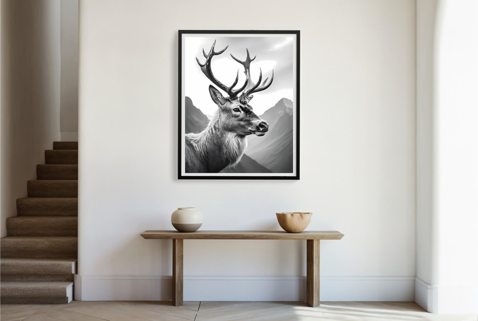A close-up shot of the stag's face, showing its powerful expression and the realistic details of the artwork.