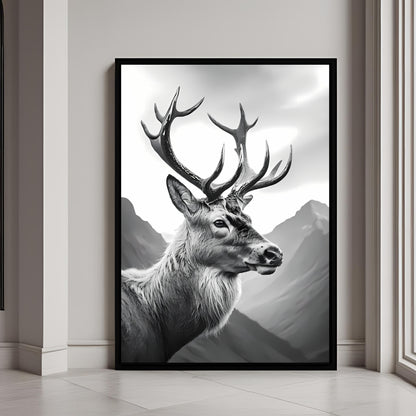 A stunning black and white framed art print of a realistic stag in the mountains.

