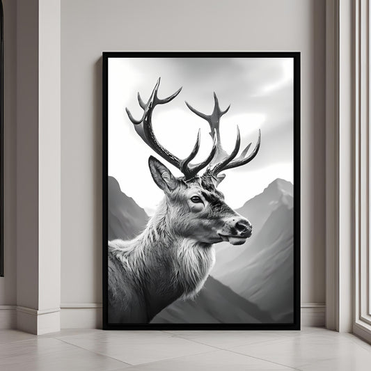 A stunning black and white framed art print of a realistic stag in the mountains.

