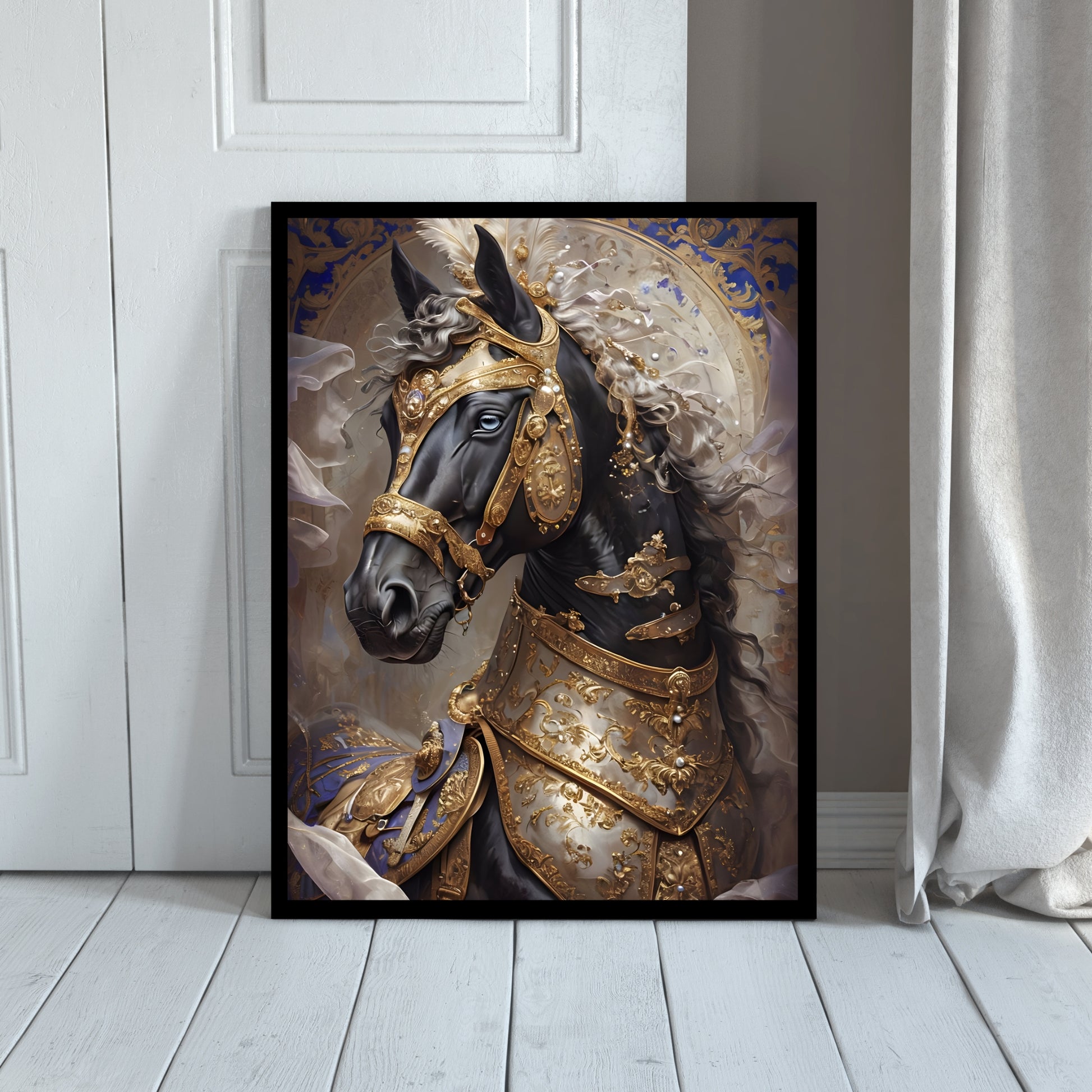 A beautiful framed art print of a majestic horse wearing golden and silver armor.

