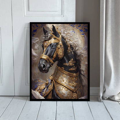 A beautiful framed art print of a majestic horse wearing golden and silver armor.

