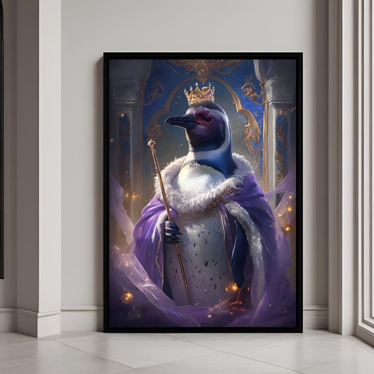 A beautiful framed art print of a penguin in a luxurious purple robe and a golden crown.