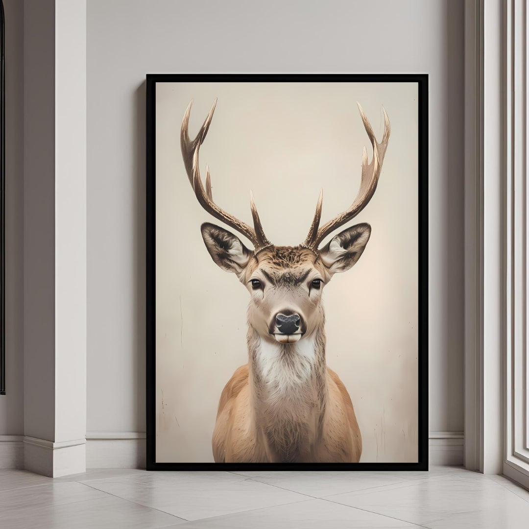A beautiful framed art print of a regal stag with majestic antlers.