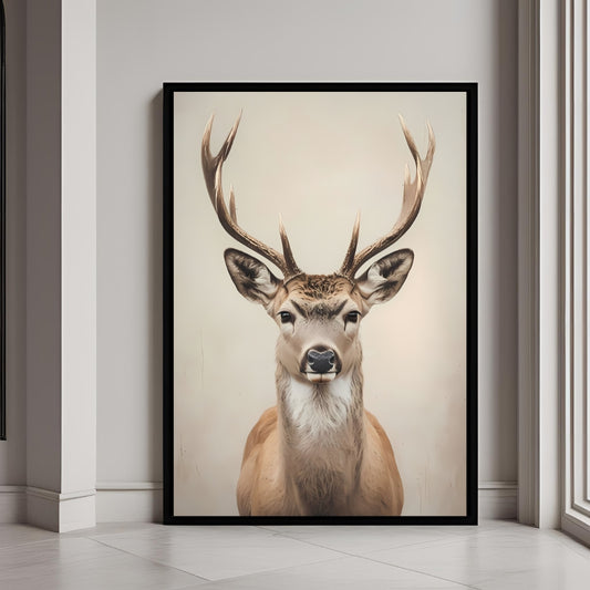 A beautiful framed art print of a regal stag with majestic antlers.