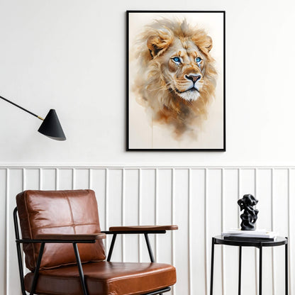 A full-view shot of the framed print, showcasing the lion's regal and commanding presence.