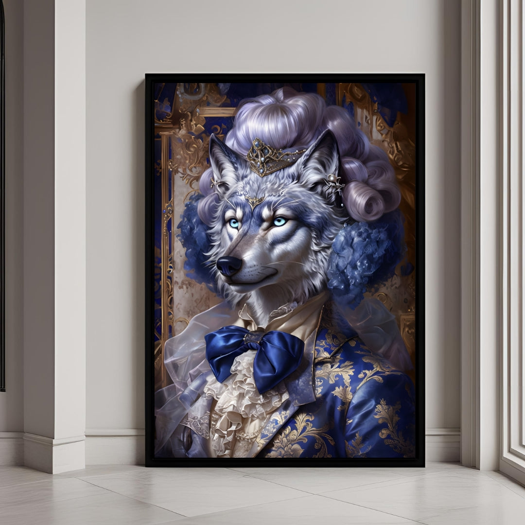 A beautiful framed art print of a regal wolf wearing a crown and aristocratic attire.