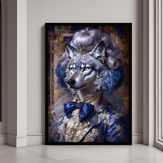 A beautiful framed art print of a regal wolf wearing a crown and aristocratic attire.