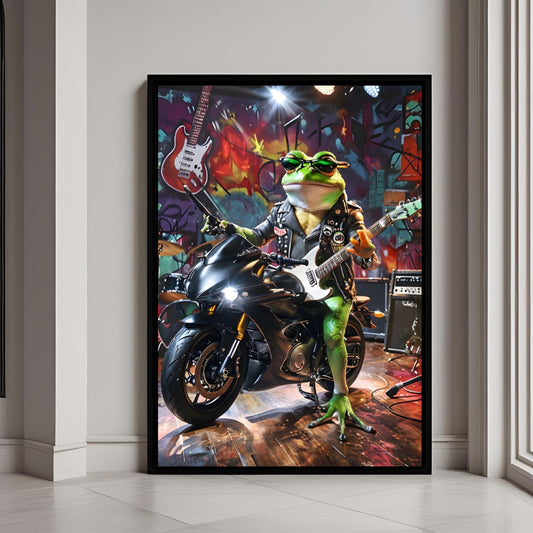 A funny framed art print of a frog with a leather jacket and sunglasses on a motorcycle.