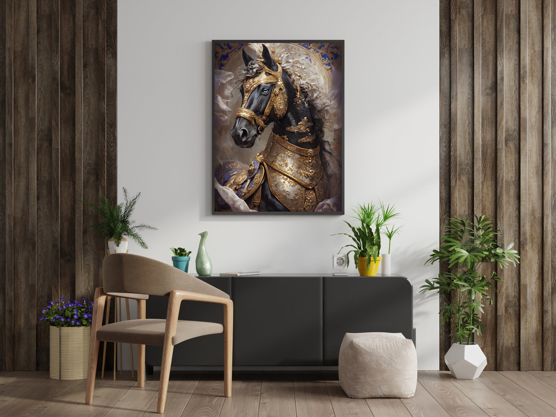 An armored horse in a royal portrait, a detailed digital art print.