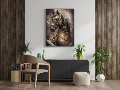 An armored horse in a royal portrait, a detailed digital art print.