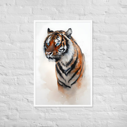 A wide shot of the framed art showcasing the beauty of a tiger, an ideal piece for any safari-themed wall.