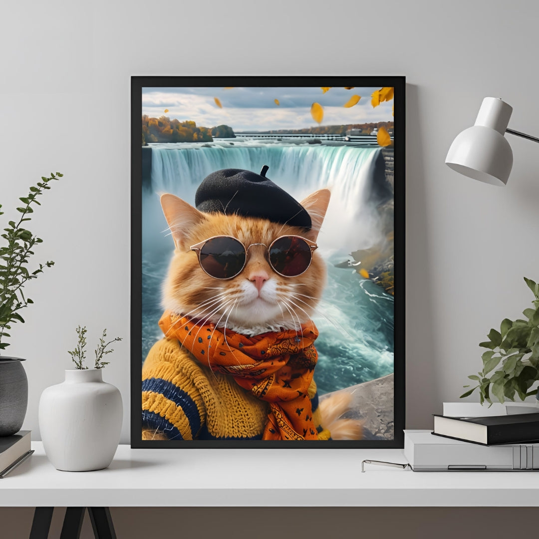 The framed Canadian cat print, showcasing its unique charm and its fit for any scenic or travel-themed wall.