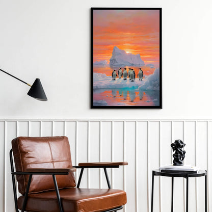 A serene painting of penguins and a mountain, perfect for adding a peaceful touch to a living room.