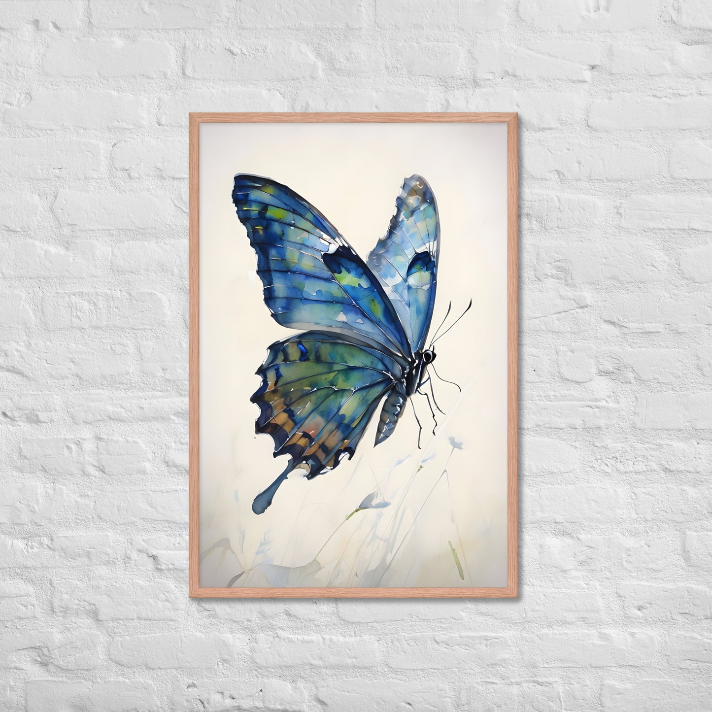 A full view of the framed print, adding a serene and sophisticated focal point to a bedroom or living area.