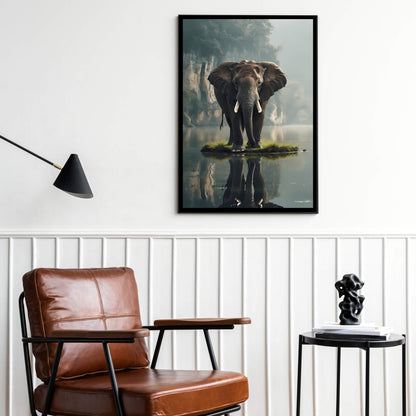 A quiet, serene scene featuring the elephant in a natural landscape with misty cliffs.