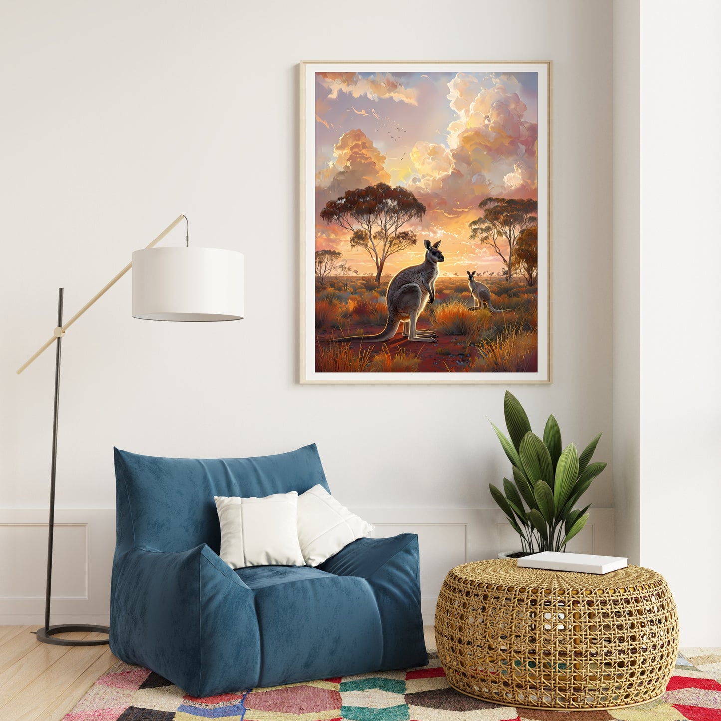 A captivating painting of a serene wildlife moment with kangaroos, eucalyptus trees, and orange-red earth.