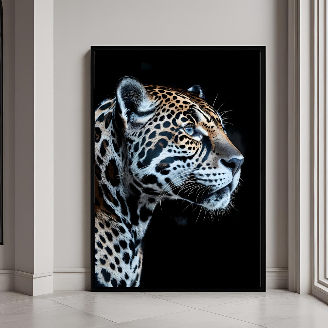 A stunning, modern framed portrait of a jaguar with a sleek profile against a pure black background.