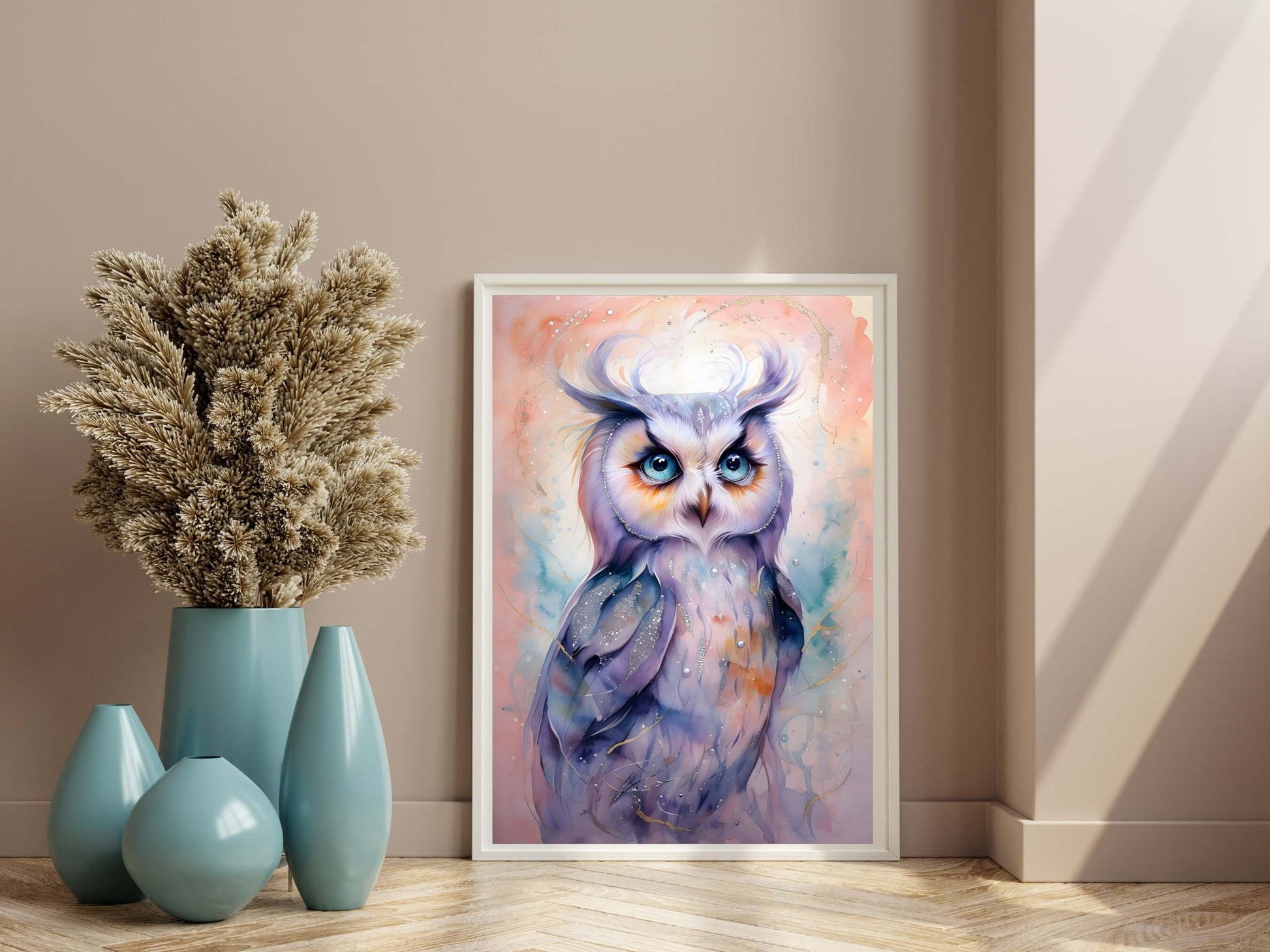 An angled shot of the framed print, highlighting the soft lavender, peach, and blue pastel colors.