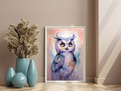 An angled shot of the framed print, highlighting the soft lavender, peach, and blue pastel colors.