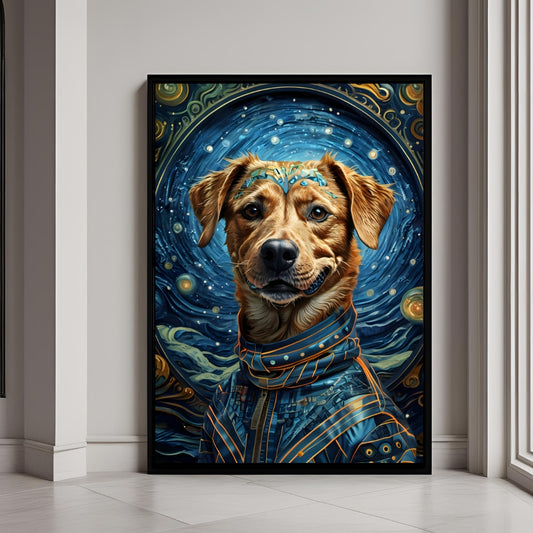 Futuristic space dog art print with a cosmic background in a modern living room.