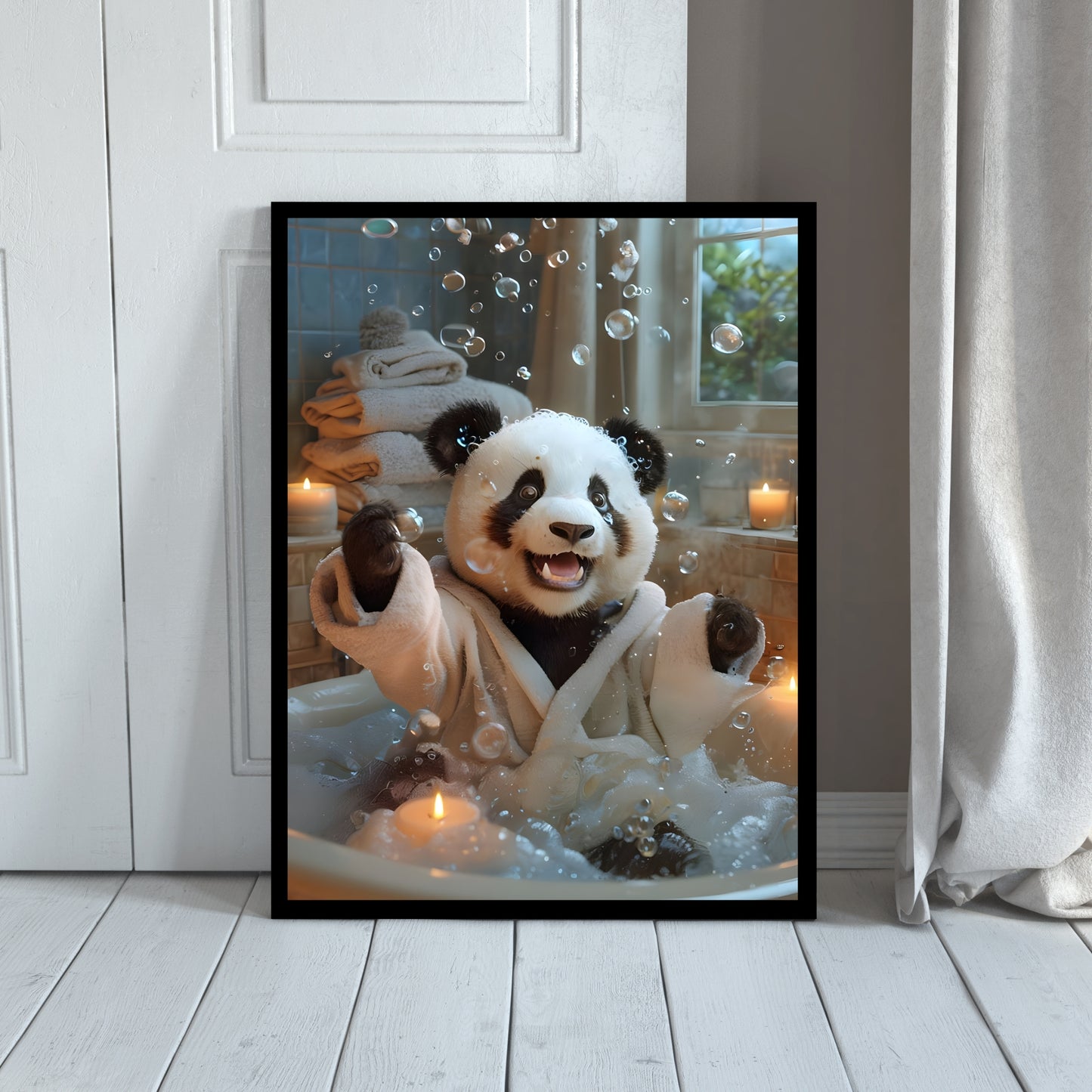 A quirky and whimsical print capturing the Panda splashing joyfully, perfect for eclectic home decor.