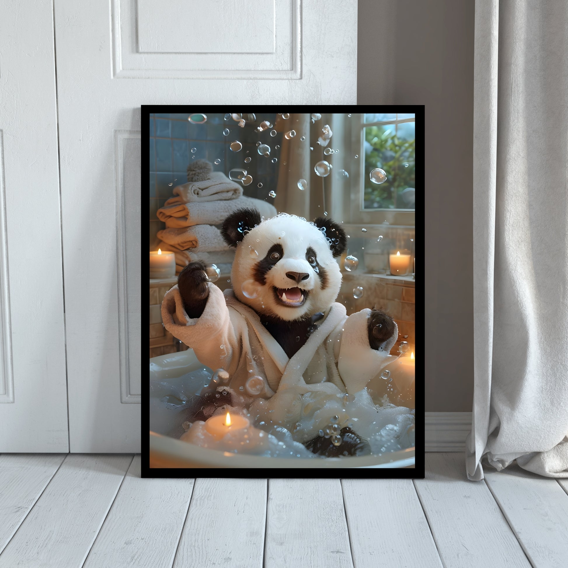 A quirky and whimsical print capturing the Panda splashing joyfully, perfect for eclectic home decor.