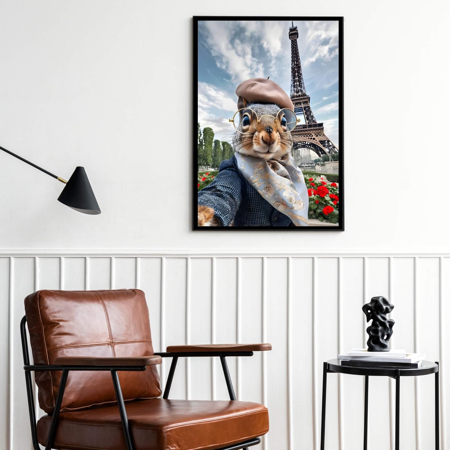A high-quality print of a squirrel with stylish sunglasses, posing for a selfie in front of the iconic Eiffel Tower.