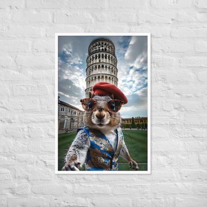 A close-up shot of the squirrel's face, showing its adorable expression and the details of its festive Italian outfit.