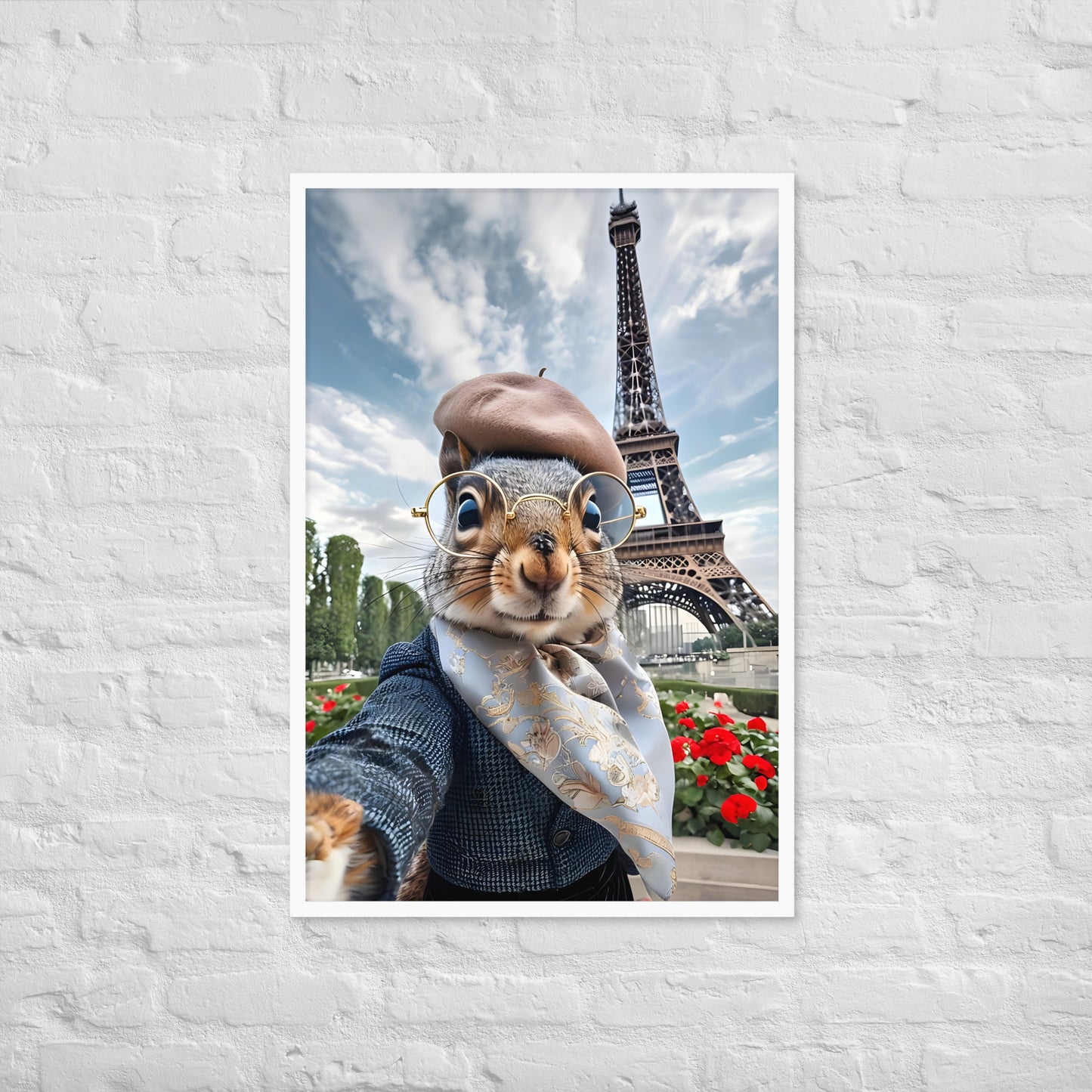 A close-up shot of the squirrel's face, showing its adorable expression and the details of its chic Parisian outfit.