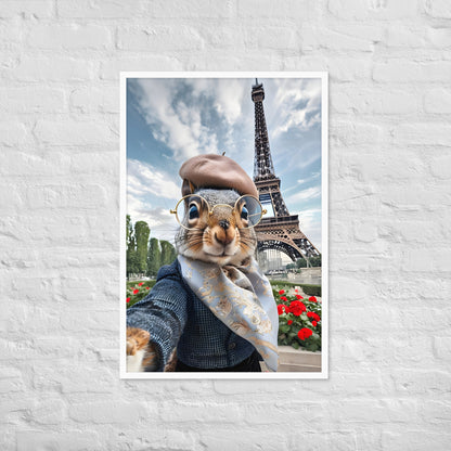A close-up shot of the squirrel's face, showing its adorable expression and the details of its chic Parisian outfit.