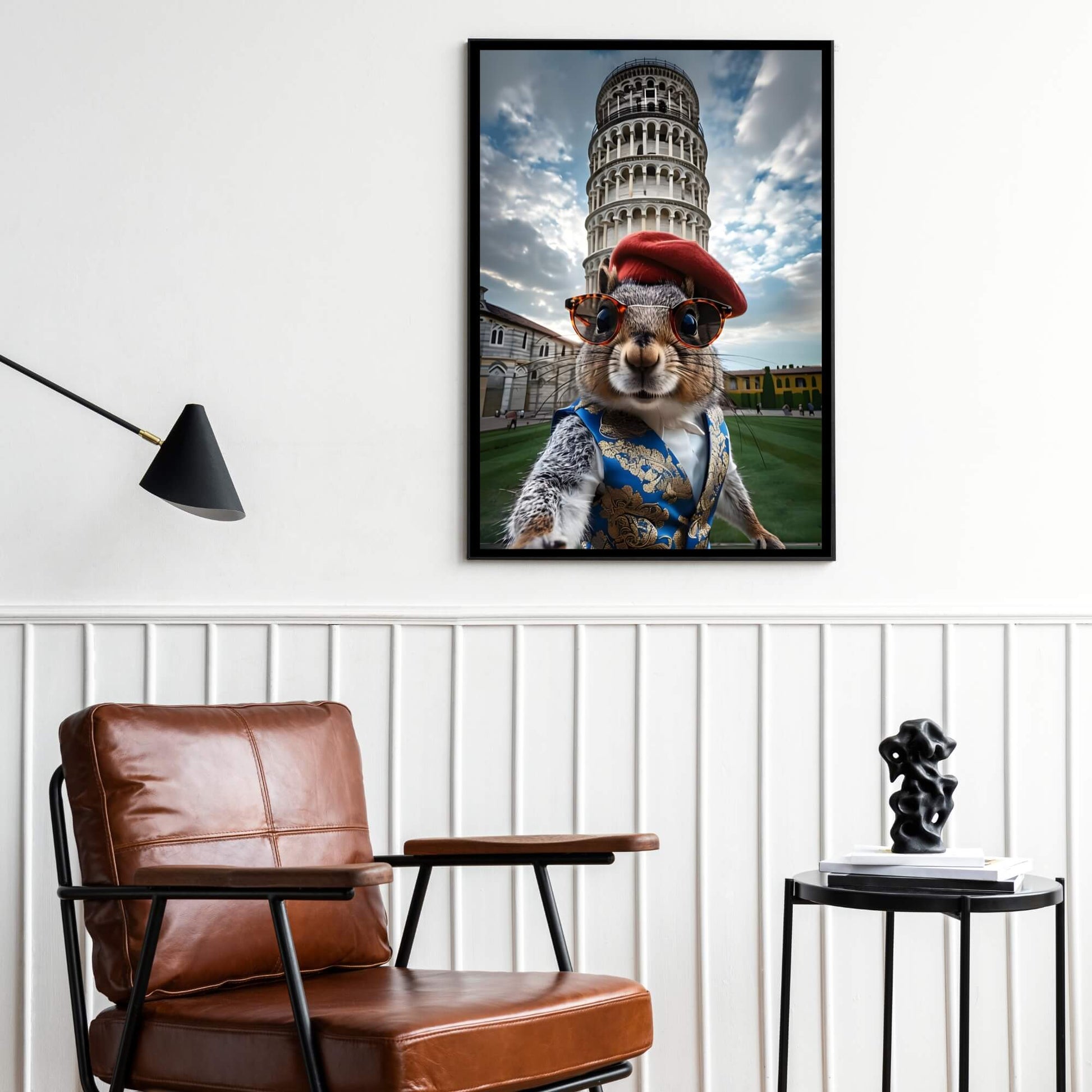 A high-quality art print of a cute squirrel with sunglasses, posing for a selfie in Pisa, Italy.