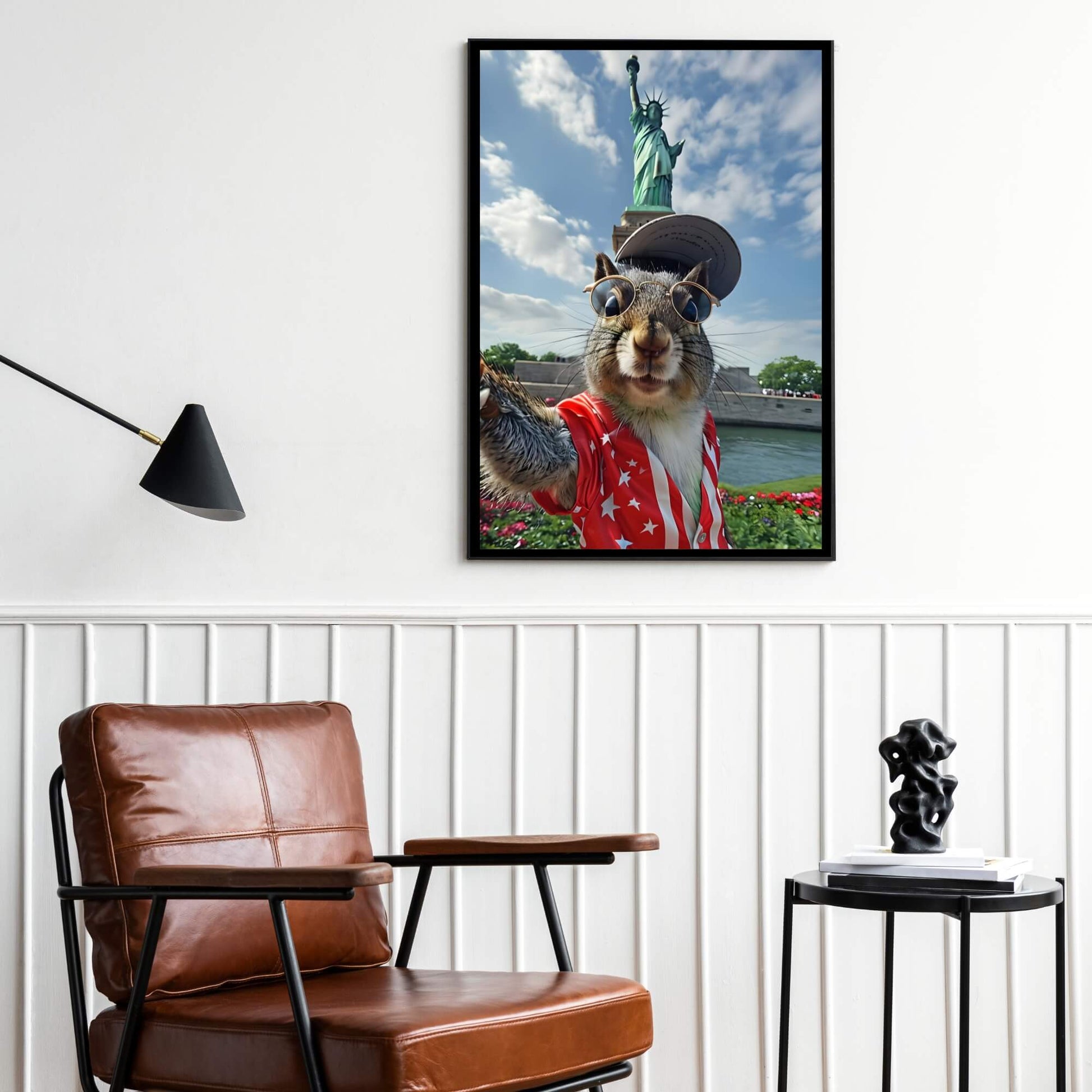A hilarious print of a cute squirrel taking a selfie with the iconic Statue of Liberty in the background.
