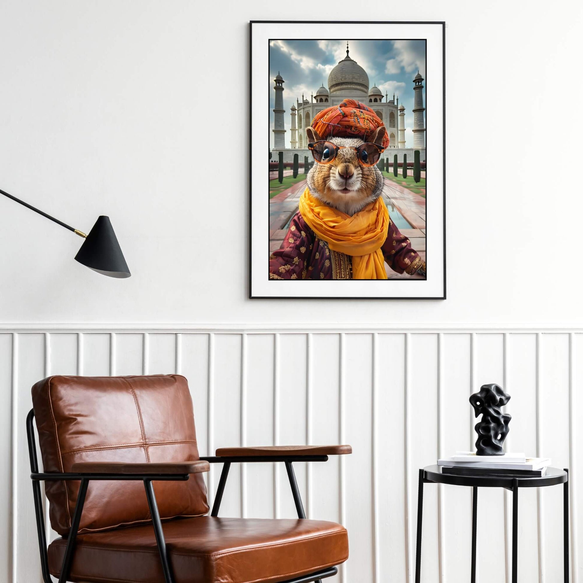 A high-quality print of a cute squirrel posing for a selfie in front of the iconic Taj Mahal.