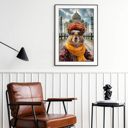 A high-quality print of a cute squirrel posing for a selfie in front of the iconic Taj Mahal.