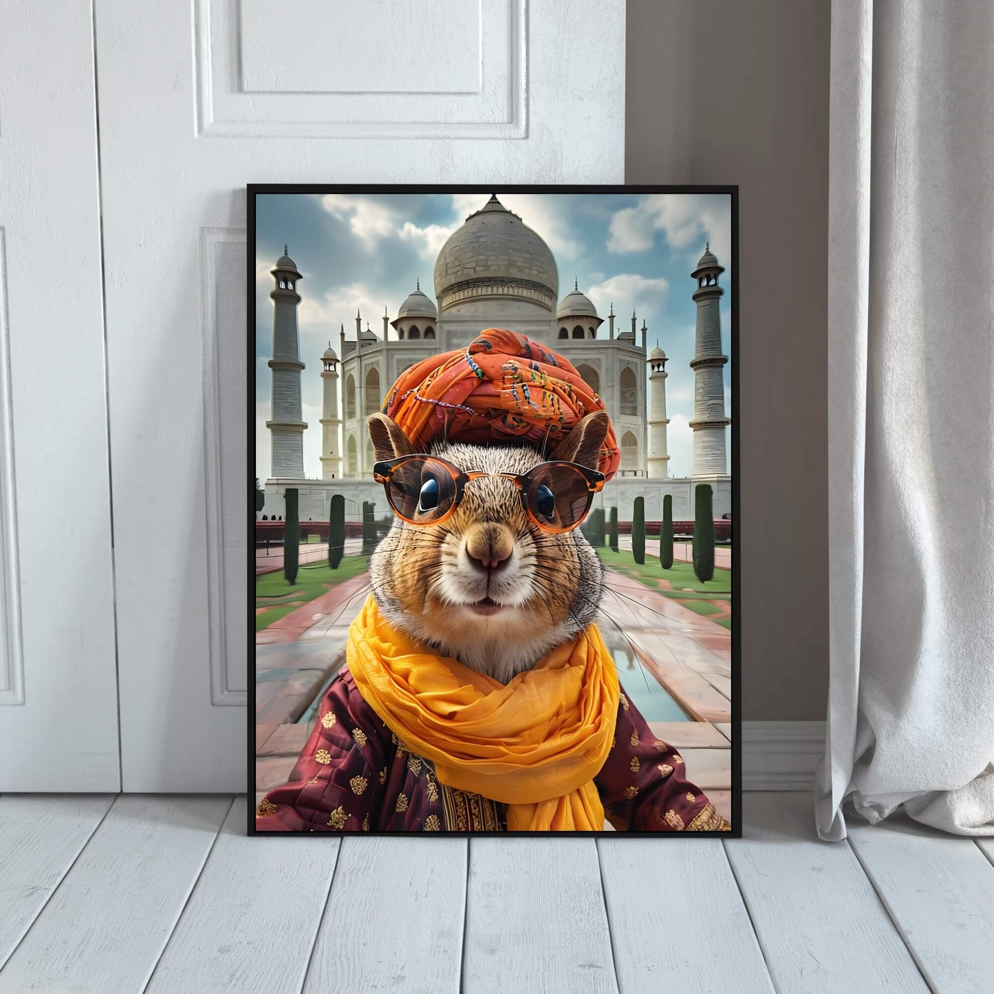 A close-up shot of the squirrel's face, showing its adorable expression and the details of its stylish Indian attire.