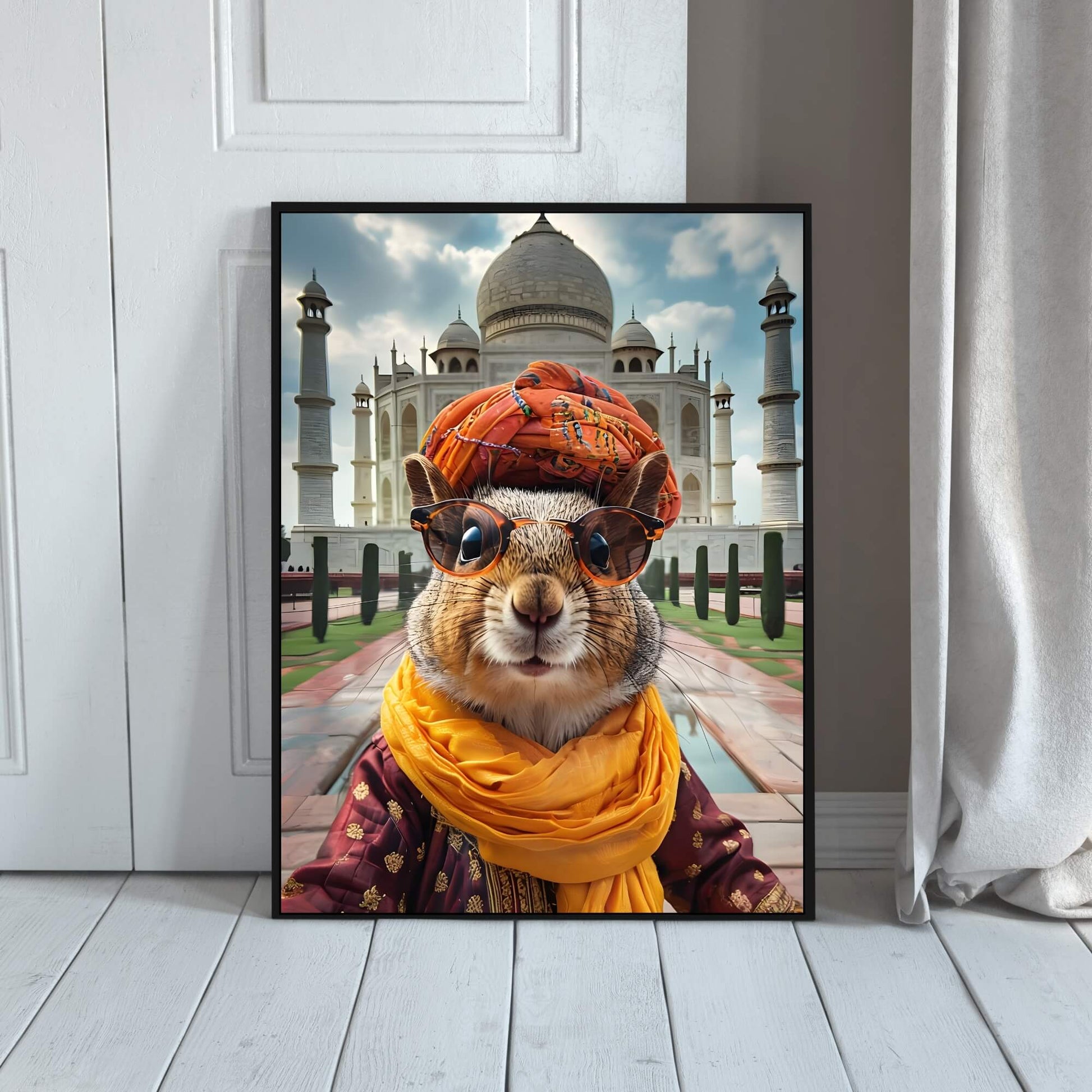 A close-up shot of the squirrel's face, showing its adorable expression and the details of its stylish Indian attire.