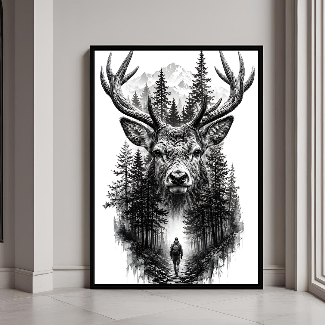 Majestic black and white stag wall art featuring a deer with pine forest and mountain landscape in a premium framed print.