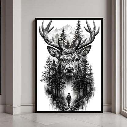 Majestic black and white stag wall art featuring a deer with pine forest and mountain landscape in a premium framed print.