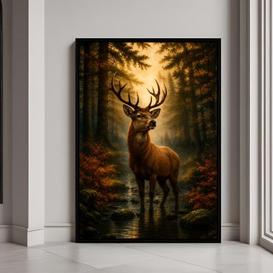 Majestic stag wall art featuring a deer standing in a peaceful forest stream